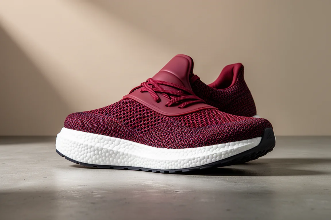 Modern red high-stack running shoe with thick white pelletized foam midsole on concrete