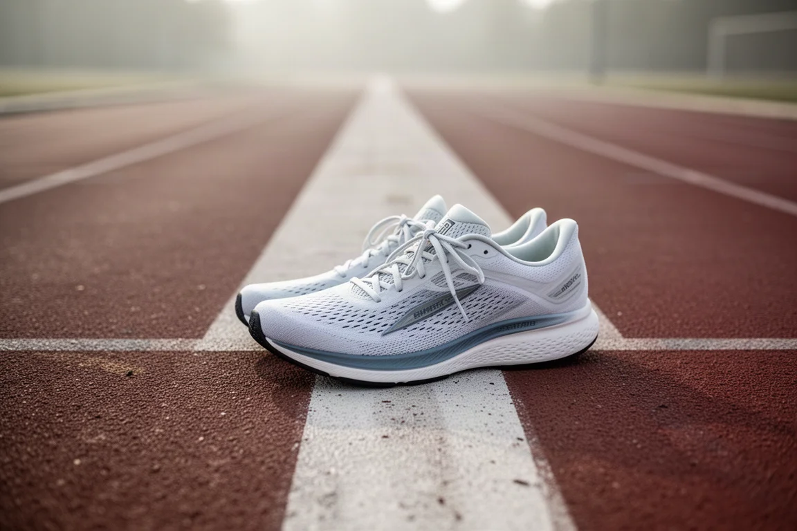 Race-day running shoe on a start line in soft morning light