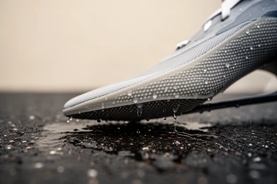 Close-up of thin outsole rubber on a wet road surface