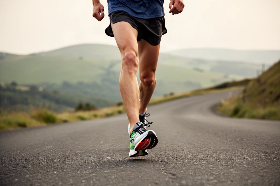 Runner testing a lightweight racing shoe on a rolling uphill road