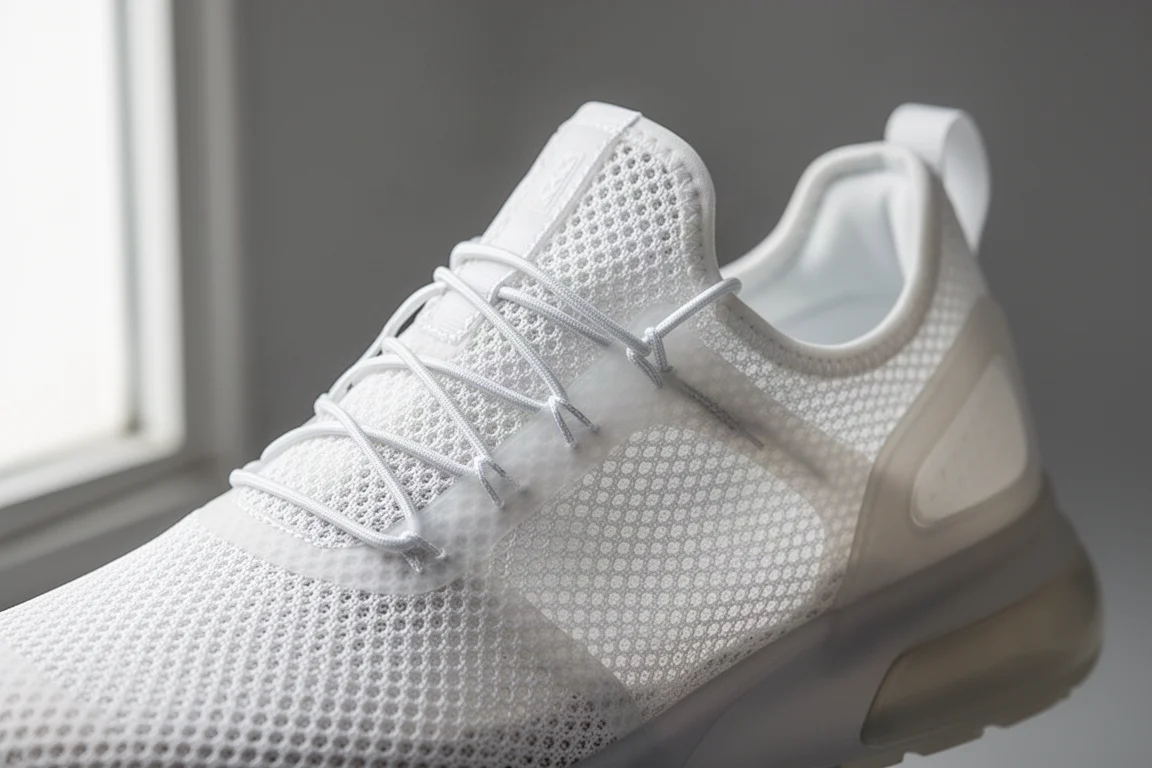 Lightweight translucent mesh upper of a racing shoe in detail