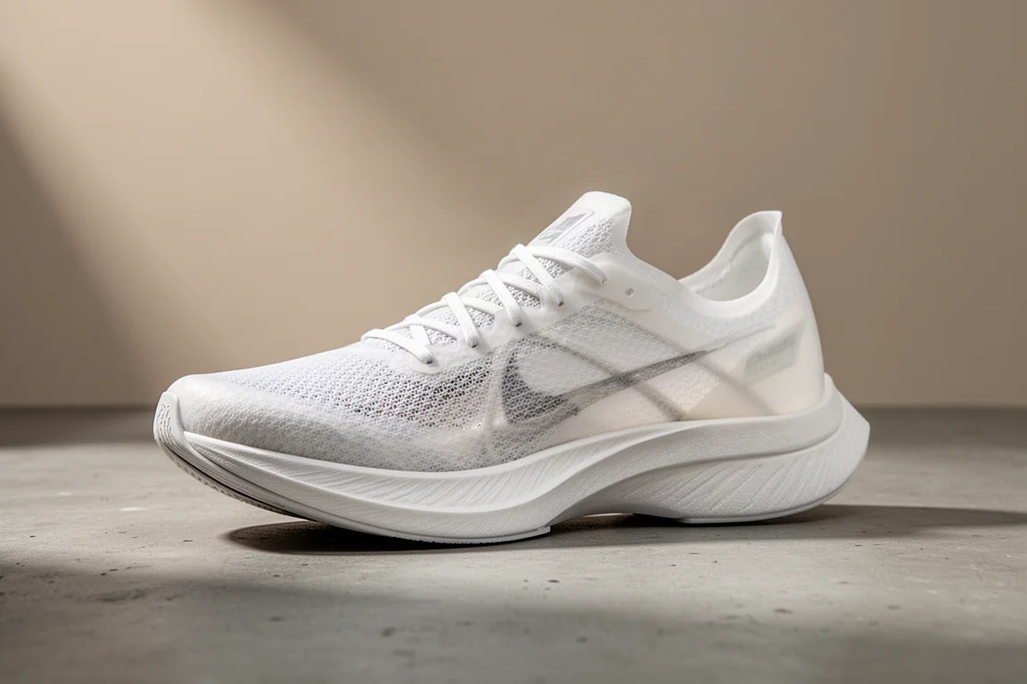Ultralight racing running shoe on a matte concrete surface