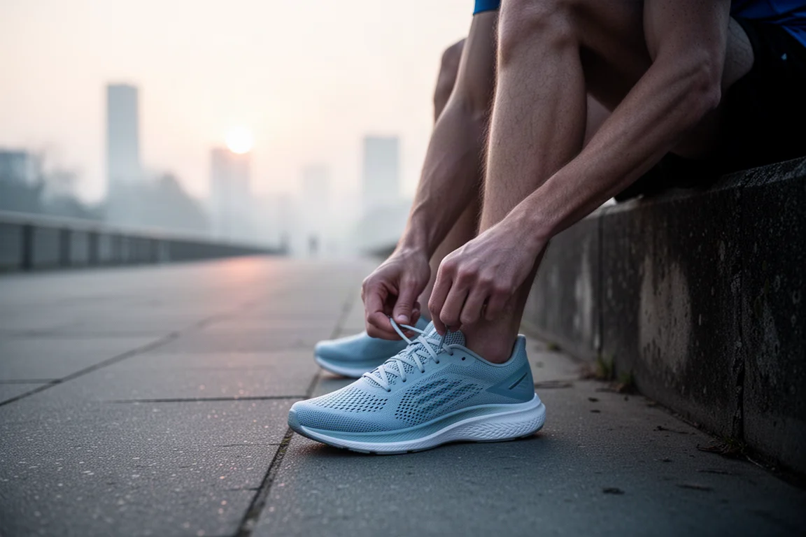 Coureur attachant une chaussure de course légère sur un trottoir urbain au lever du soleil