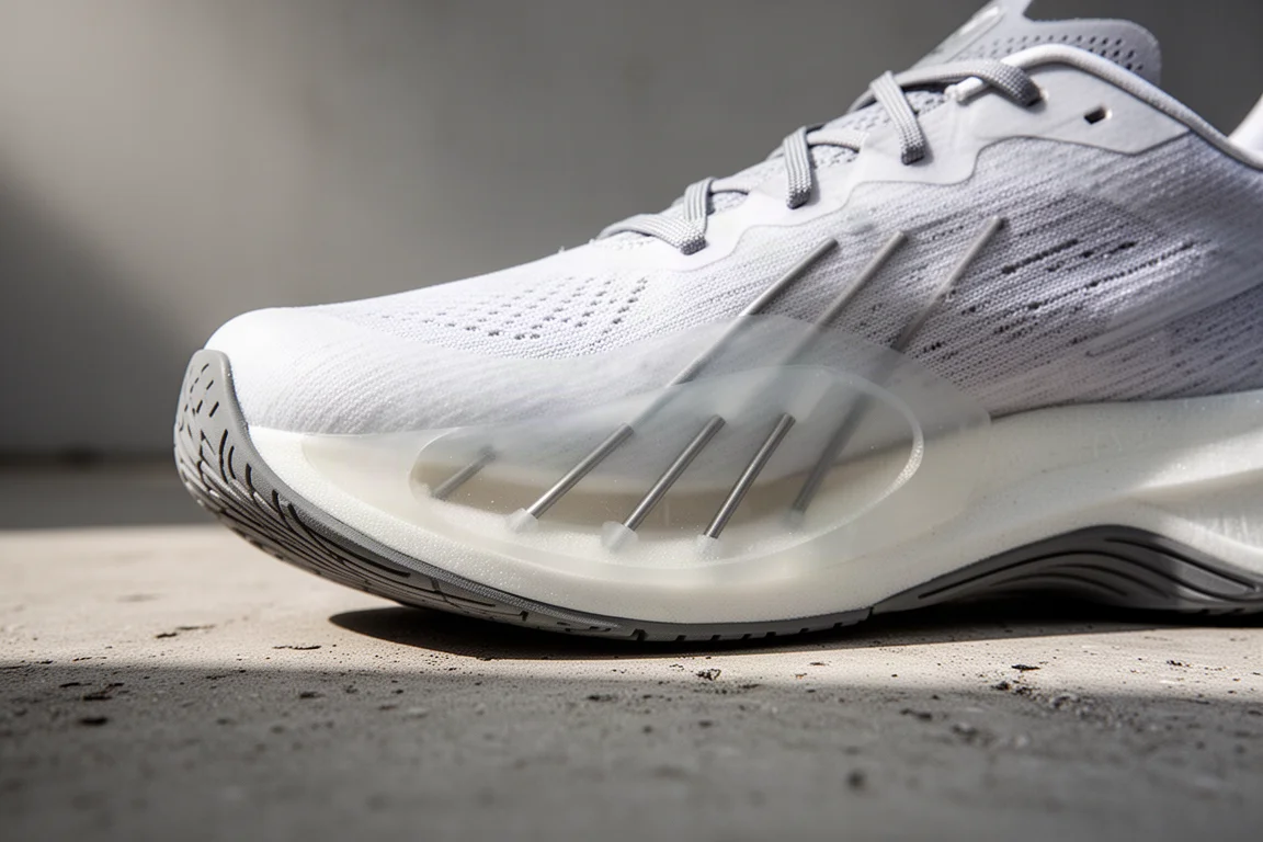 Gros plan sur la semelle intermédiaire d'une chaussure de course avec des tiges internes visibles sous une lumière douce