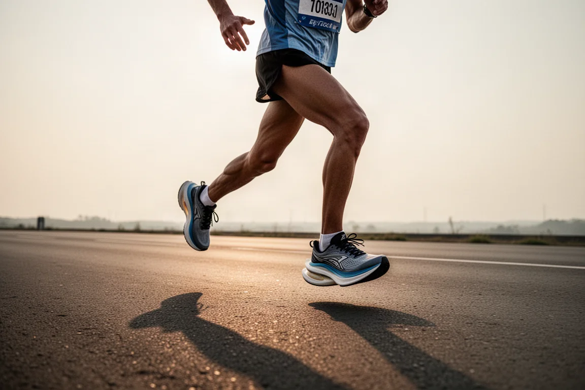 Marathonien sur une route ouverte dans une lumière du soir douce, portant des chaussures de course à semelle épaisse