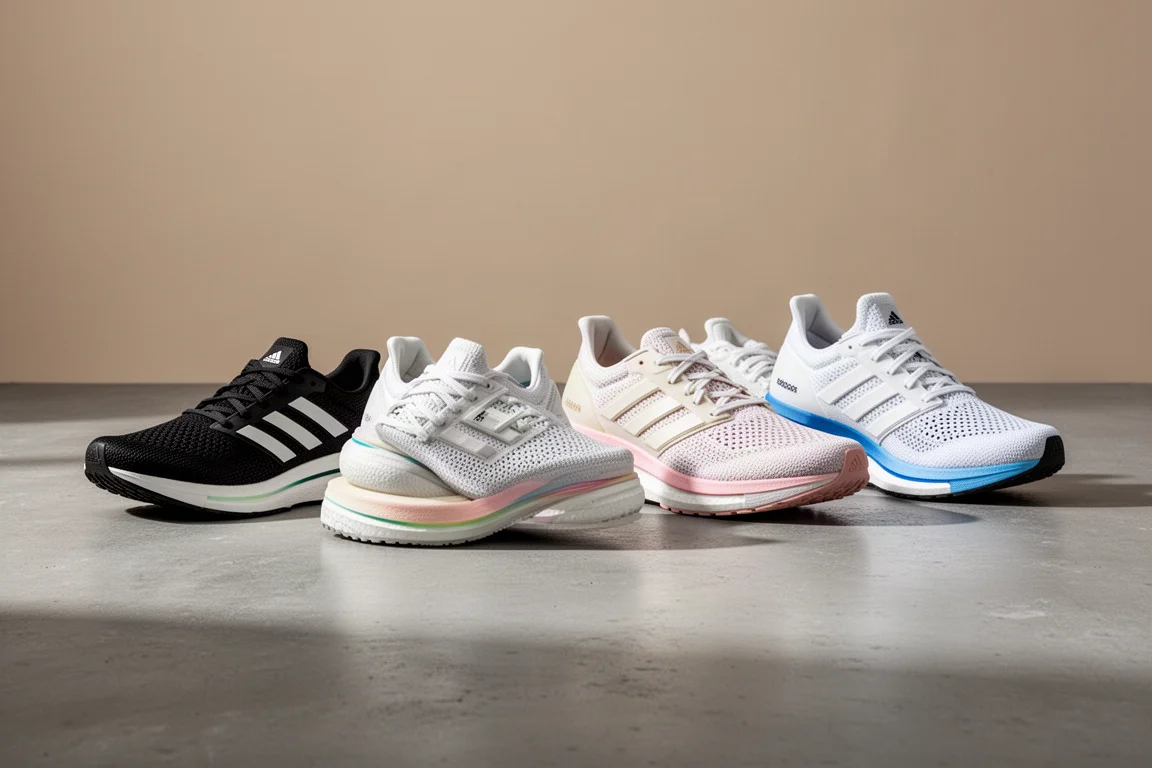 Six Adizero running shoes with varying midsole heights arranged on a grey concrete surface