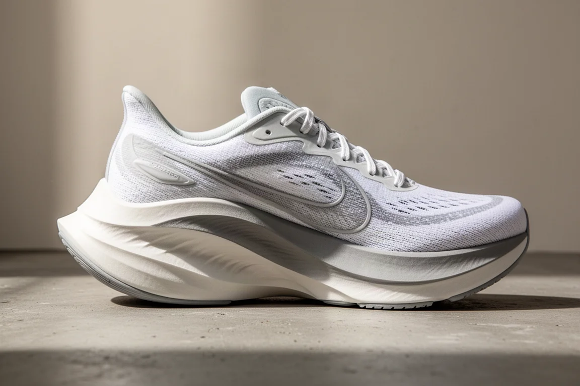 Close-up of an oversized maximalist running shoe midsole stack on concrete