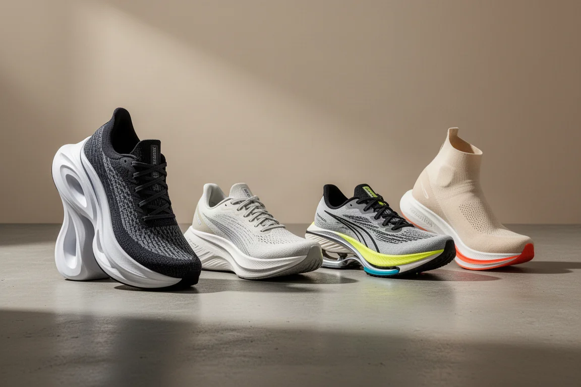 Four road running shoes lined up on a concrete surface, including one with an oversized midsole stack
