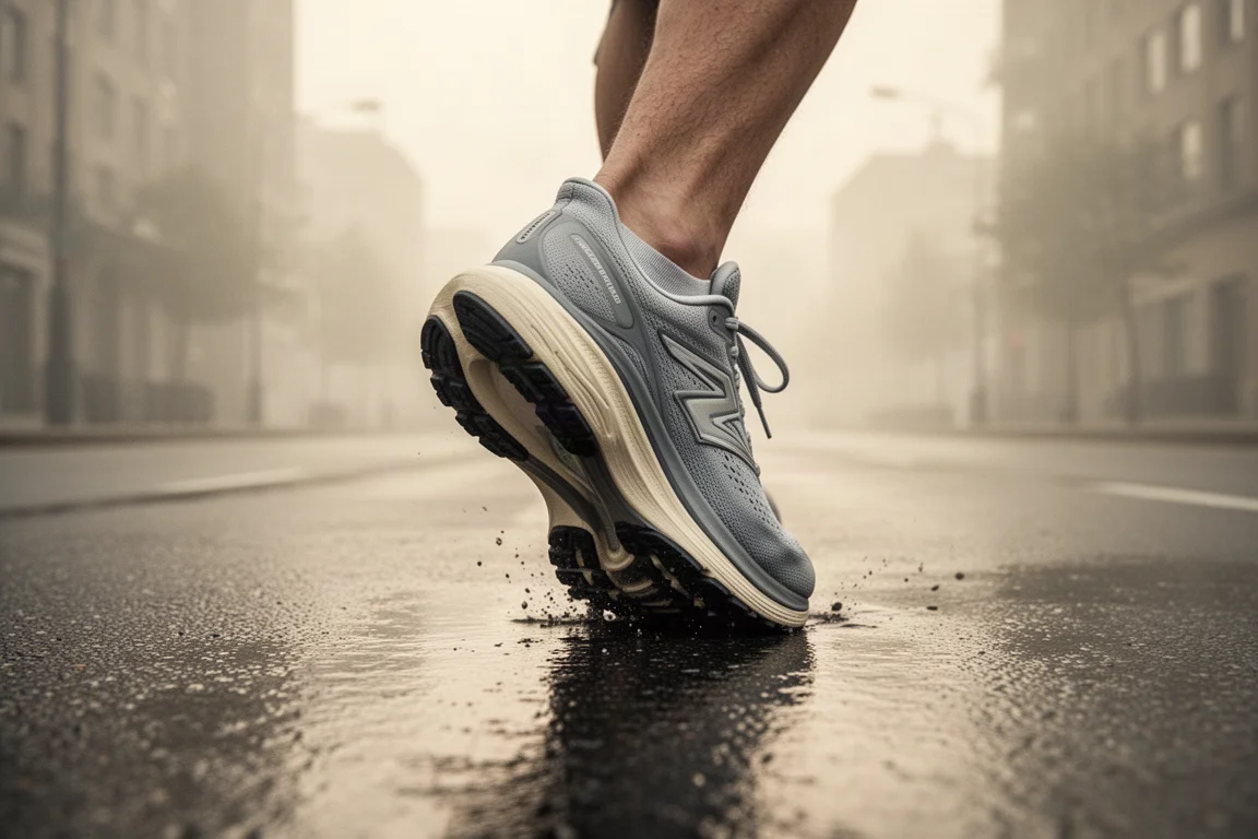 清晨時分,高厚底跑鞋的後跟落在濕漉漉的柏油路上