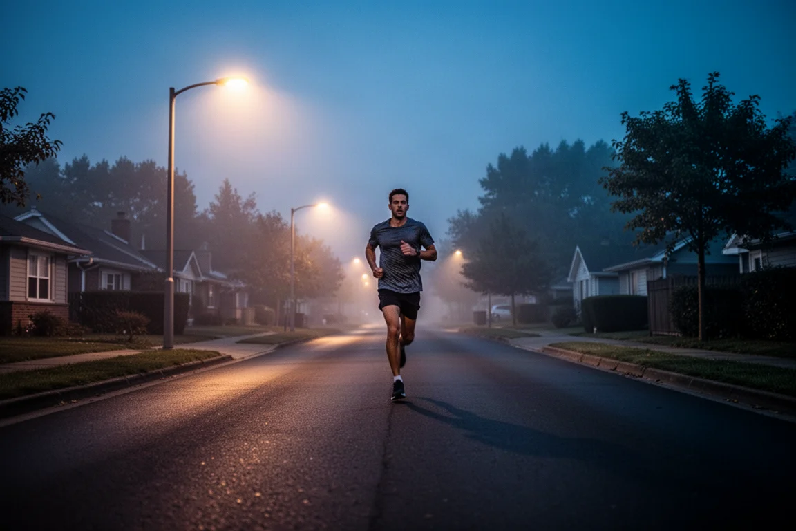 Coureur s'élance pour une longue sortie dans l'obscurité sur des routes de banlieue avant l'aube
