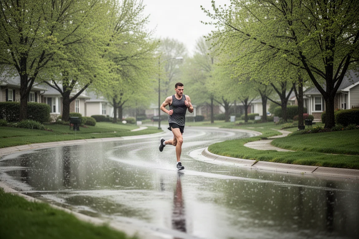 Coureur négociant un virage dans une rue de banlieue sinueuse lors d'une sortie matinale sous la pluie