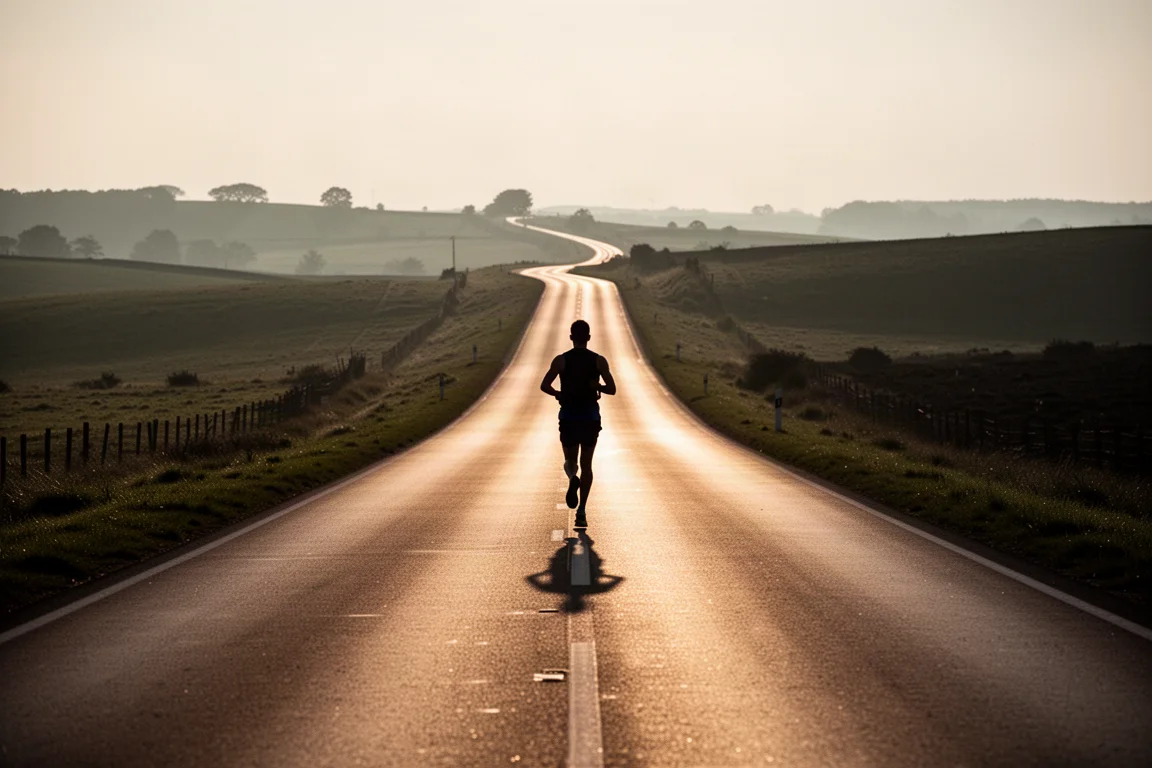 Coureur enchaînant une longue séance d'entraînement sur une route de campagne plate au lever du soleil
