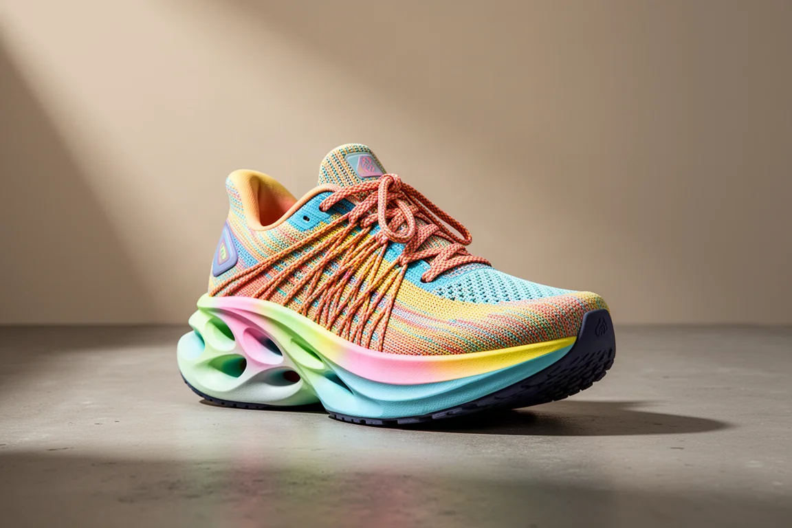 Scarpa da running con stack elevato e tomaia intessuta su una superficie di cemento