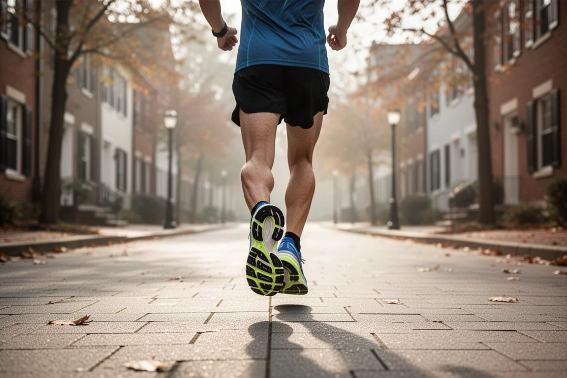 Runner in the Adizero Prime X Strung running an early morning long run on quiet town roads