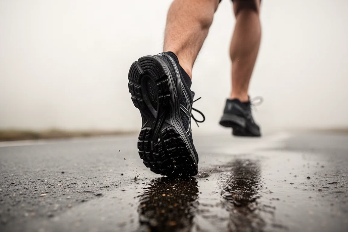 Prime X Strung outsole gripping wet pavement on a mild damp morning