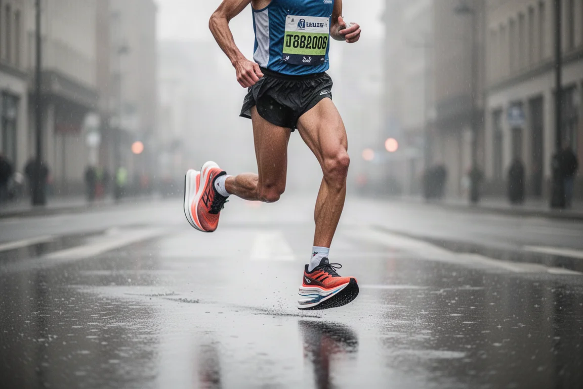 Marathon runner moving through wet, gray morning streets