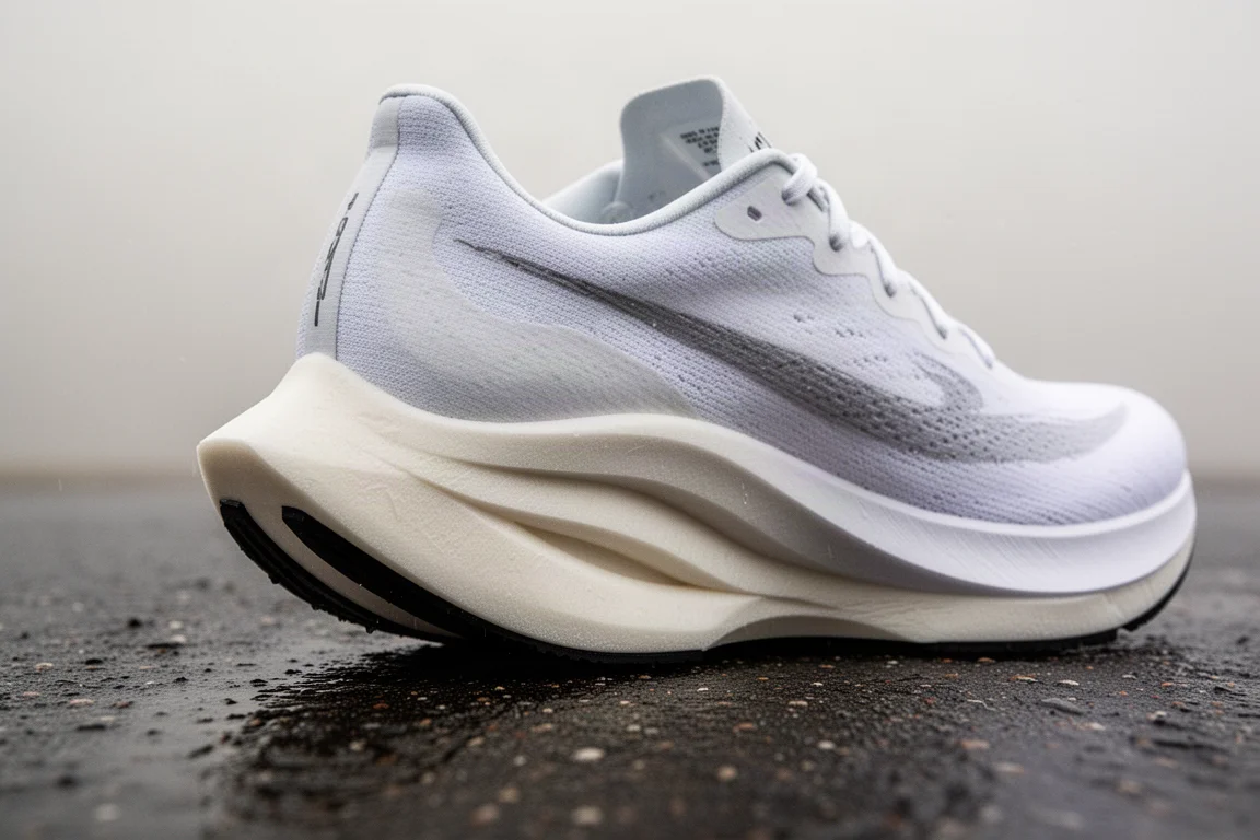 Close-up of a high-stack foam midsole and rocker geometry