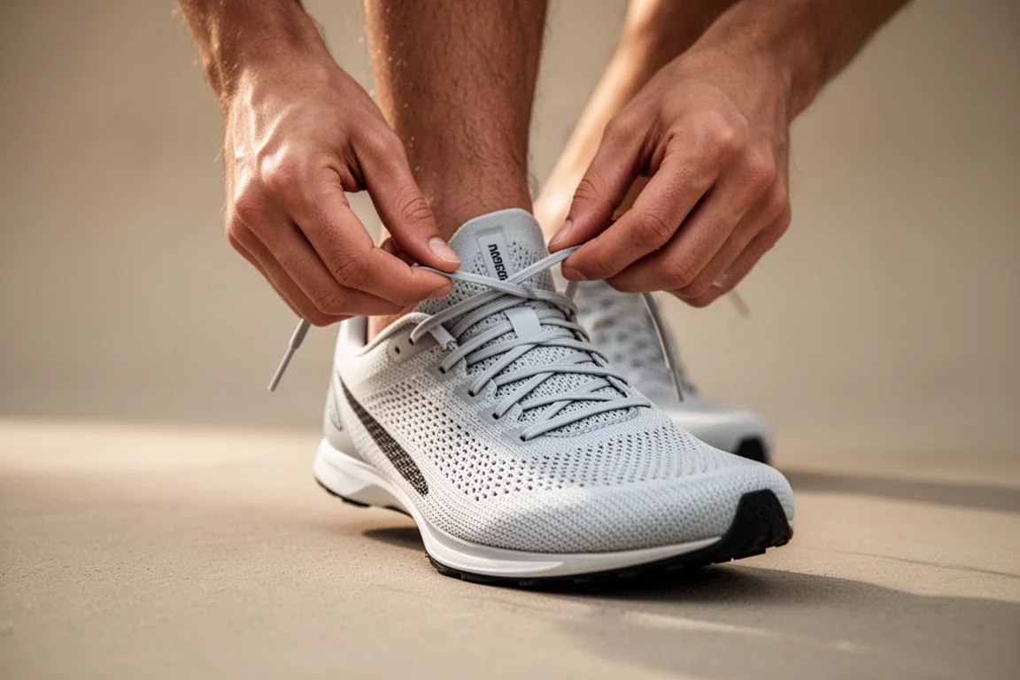 Runner tightening laces on a lightweight racing shoe before a race