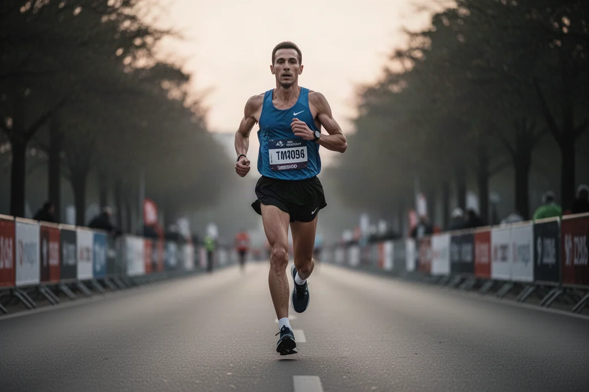 Runner finishing a marathon strong in fading light