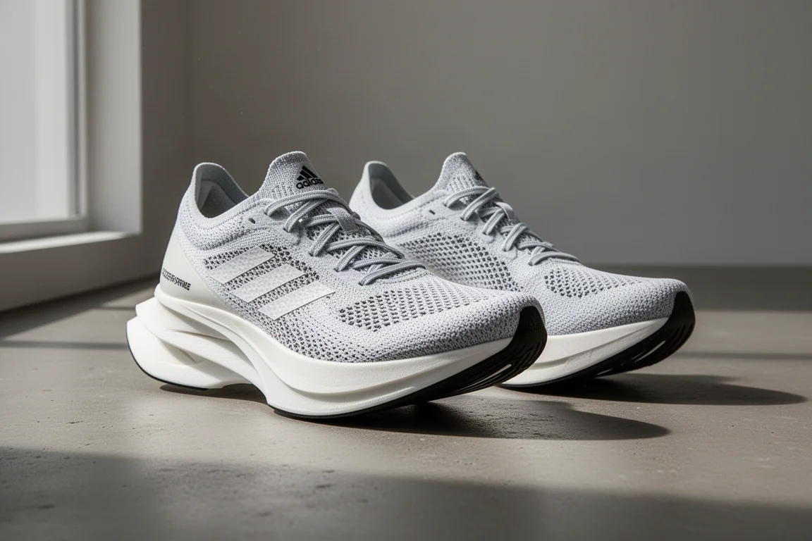Pair of tall-stack Adidas Adizero Prime X Strung racing shoes on a concrete surface