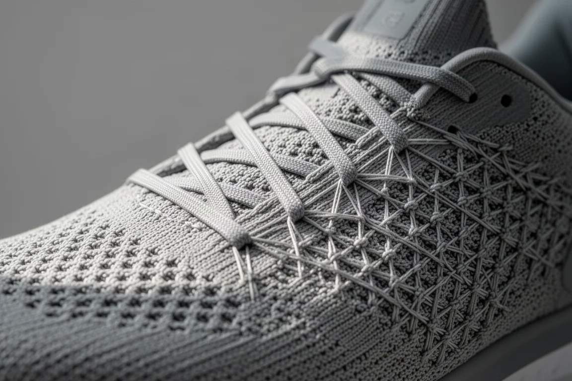 Close-up of the woven thread upper texture on a running shoe