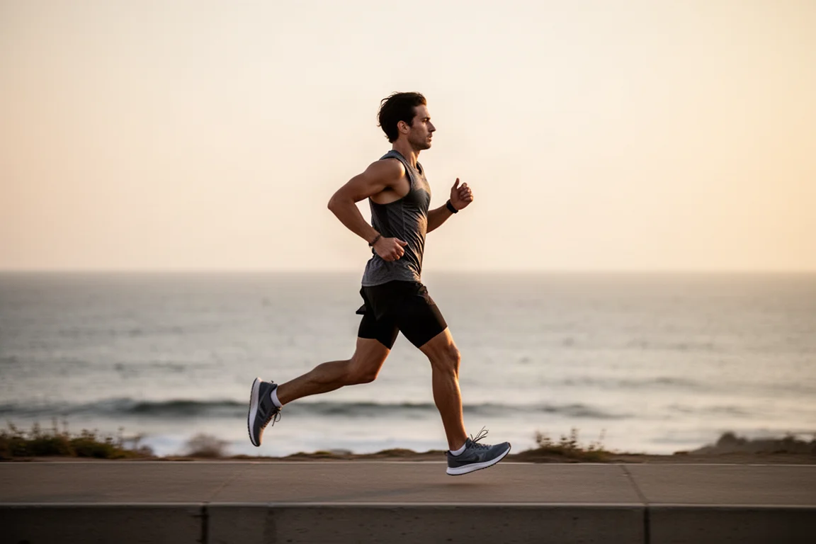 Un corridore mantiene un ritmo costante su un sentiero costiero