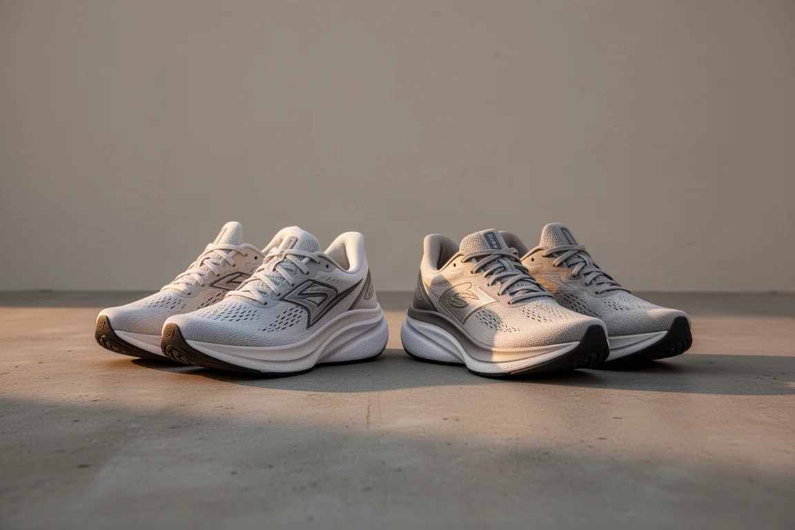 Due paia di scarpe da running appoggiate fianco a fianco sul cemento