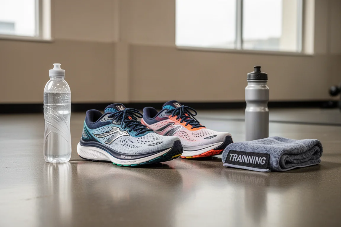 Zwei Laufschuhe nebeneinander auf dem Fitnessstudio-Boden nach einem langen Lauf