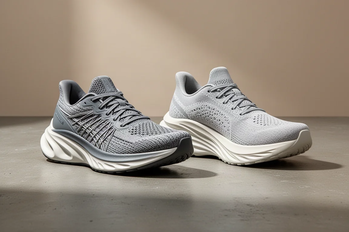 Two tall-stack running shoes side by side on a concrete surface
