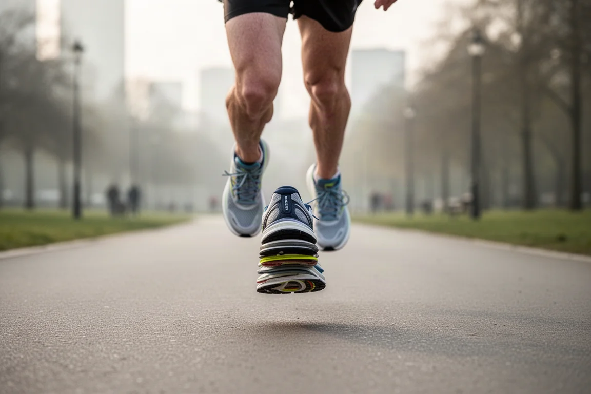 Runner landing on a smooth paved road in soft morning light