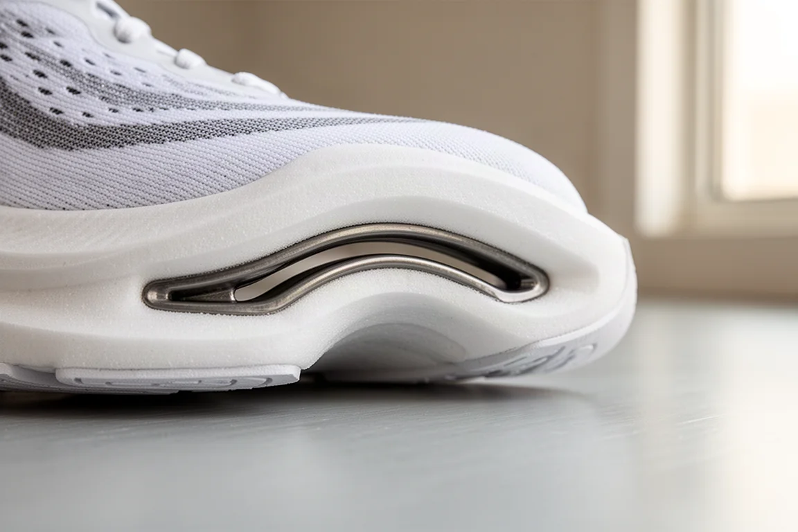 Close-up of a carbon-infused midsole plate under a running shoe forefoot