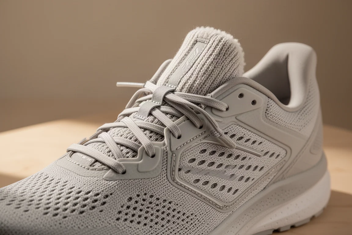 Plush knit tongue and upper of a training shoe in soft light