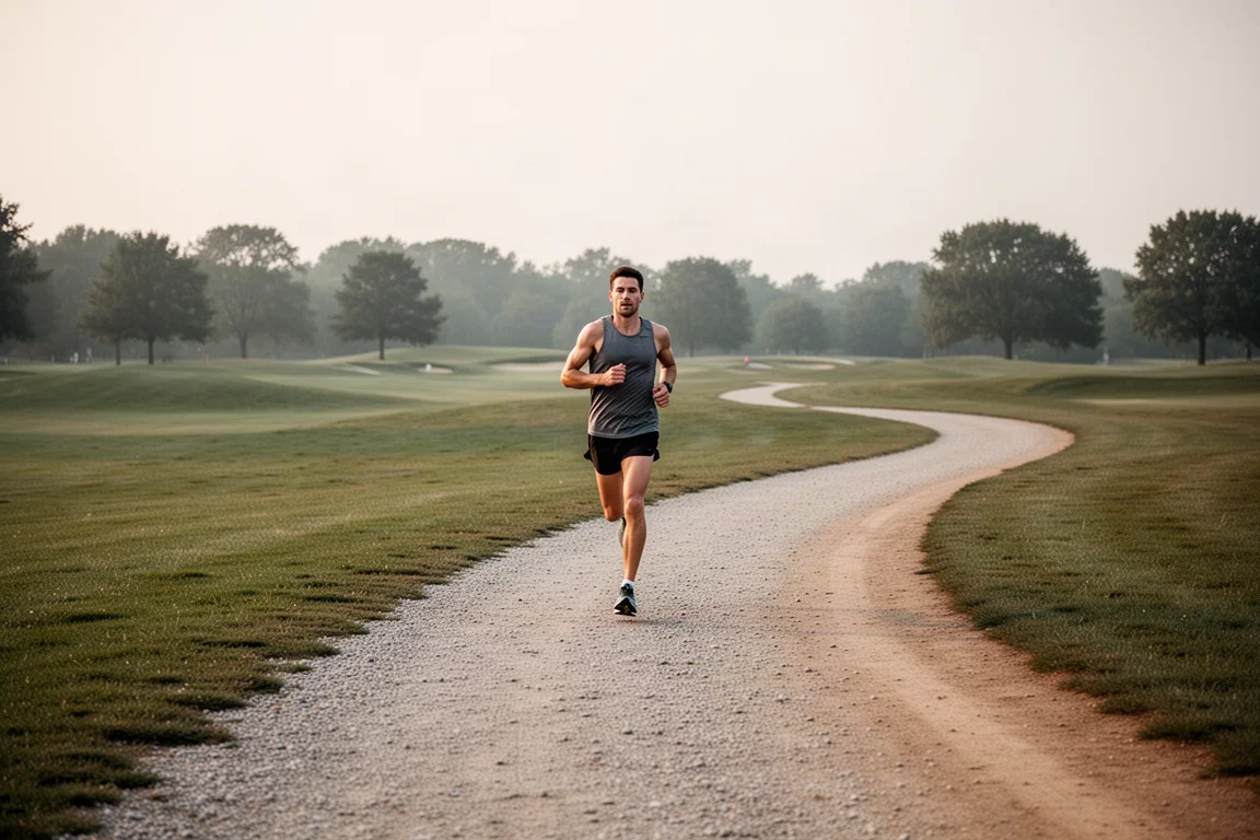 Runner on a smooth gravel trail beside a quiet bluff landscape