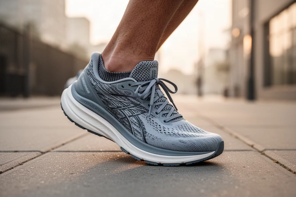 Un corridore allaccia una scarpa da running da strada con stack elevato su un marciapiede cittadino