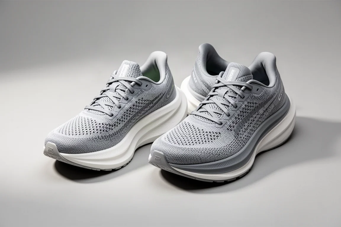 Scarpa da running con stack elevato appoggiata su una bilancia accanto al modello precedente
