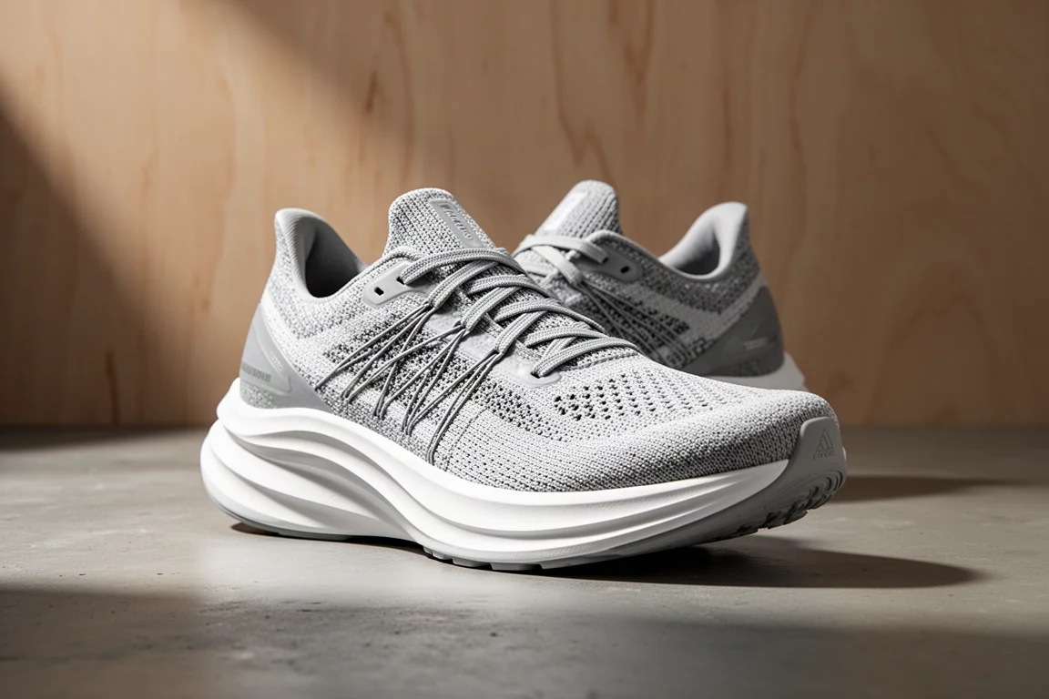 High-stack road running shoe with knitted upper and thick layered midsole on concrete