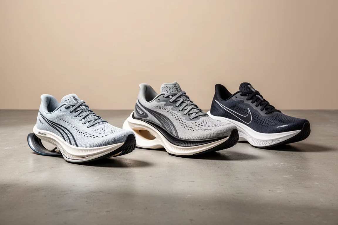 Three racing shoes lined up on a concrete surface