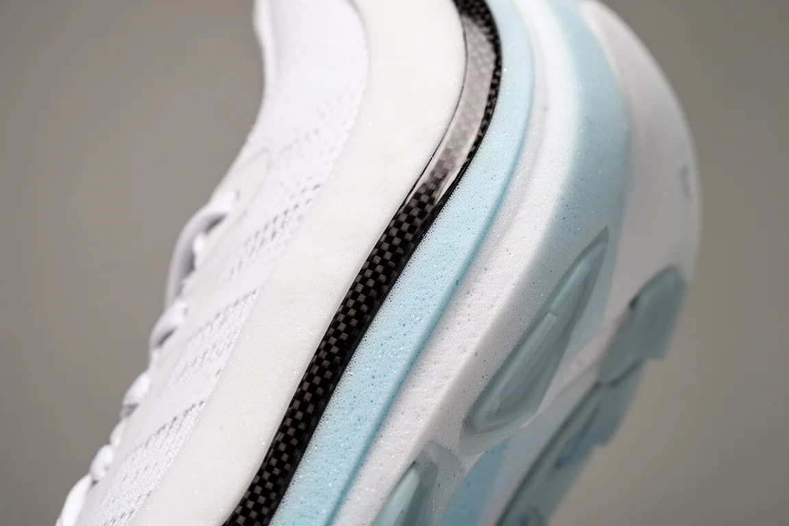 Close-up of a racing shoe midsole showing a carbon-fibre rim running around the perimeter