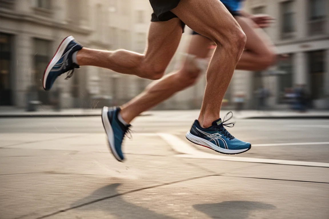 Runner accelerating through a corner on a city street in racing shoes