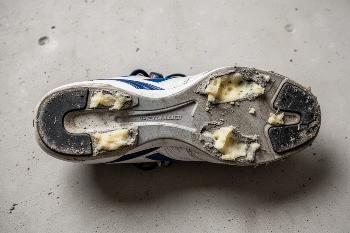 Worn outsole of a racing shoe with chunks of foam missing at the forefoot