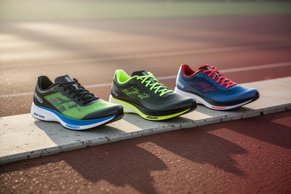 Three racing shoes lined up side by side on a track edge
