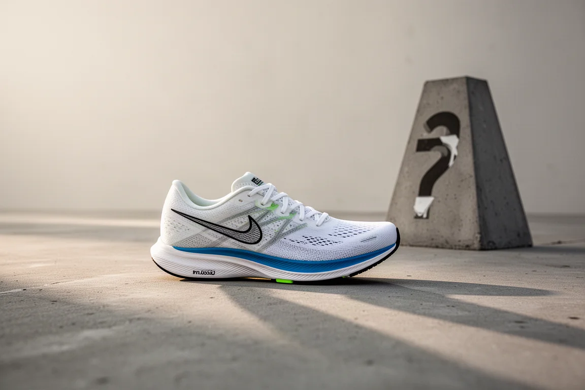 Scarpa da gara per maratona appoggiata su una superficie di cemento opaco nella luce soffusa del mattino