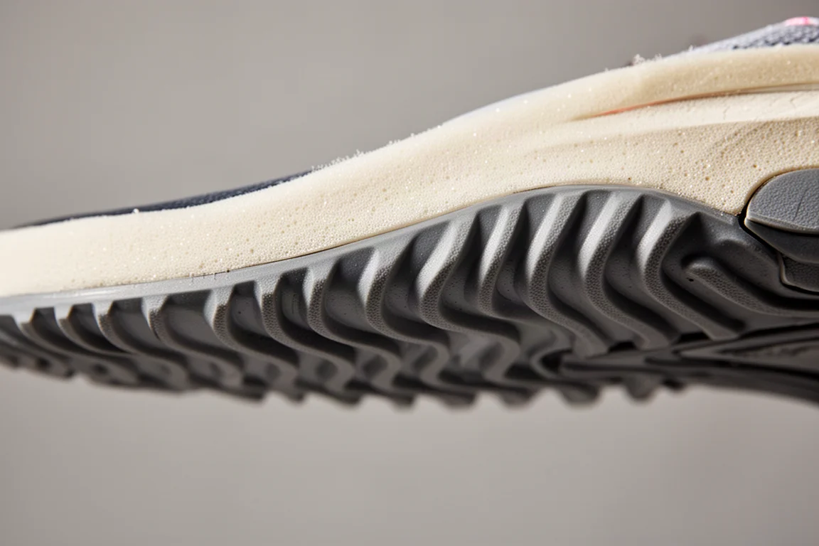 Primo piano della suola esterna sottile e ondulata in gomma di una scarpa da gara