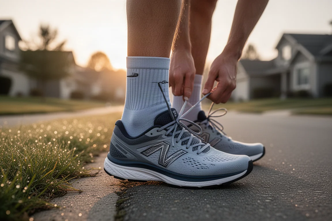 Runner tying the laces of a racing shoe on a quiet residential street at sunrise
