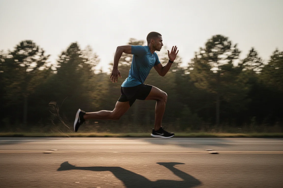 Athlete sprinting on a track during a speed workout in fading evening light
