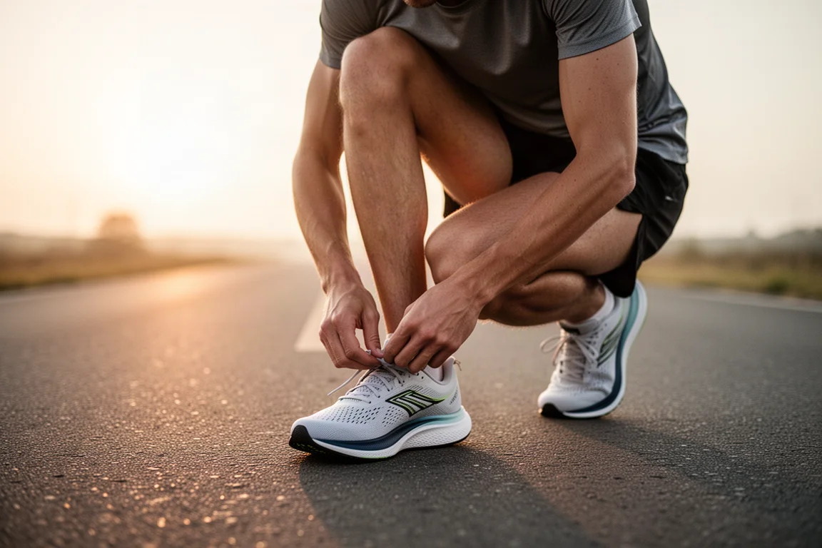 Runner lacing up lightweight running shoes on a quiet suburban road at sunrise