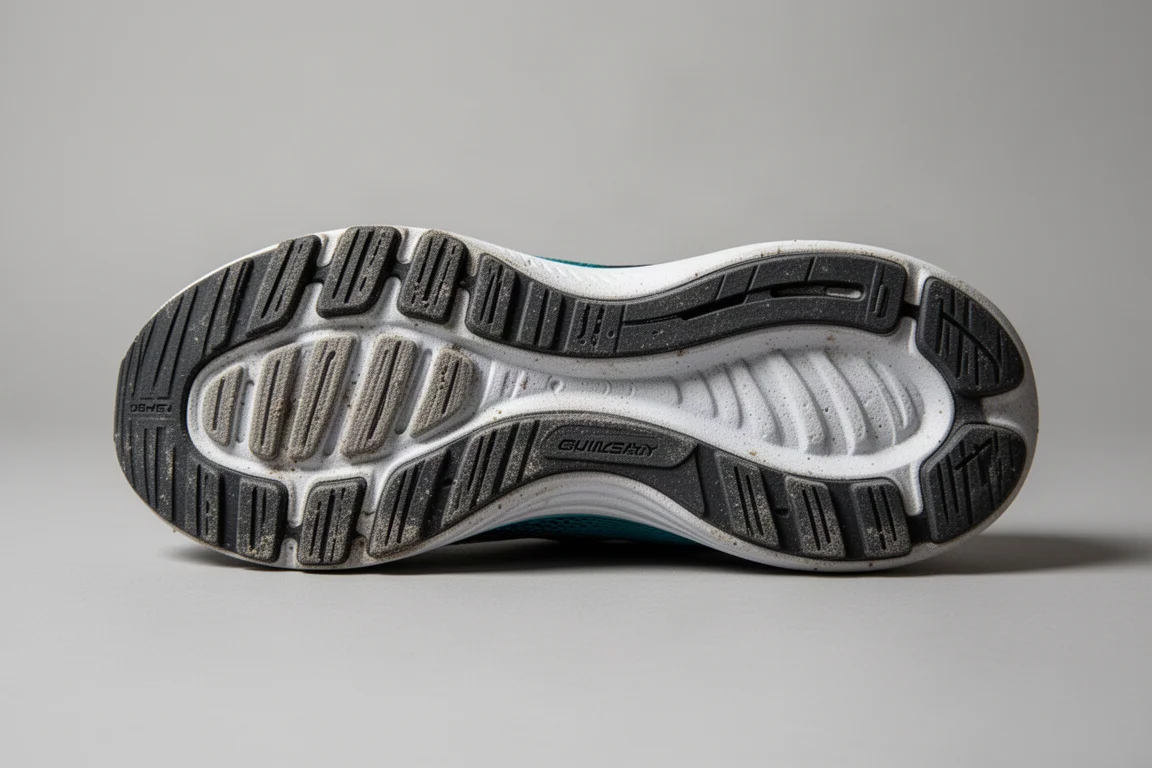 Close-up of a running shoe outsole showing mild wear on the rubber ridges