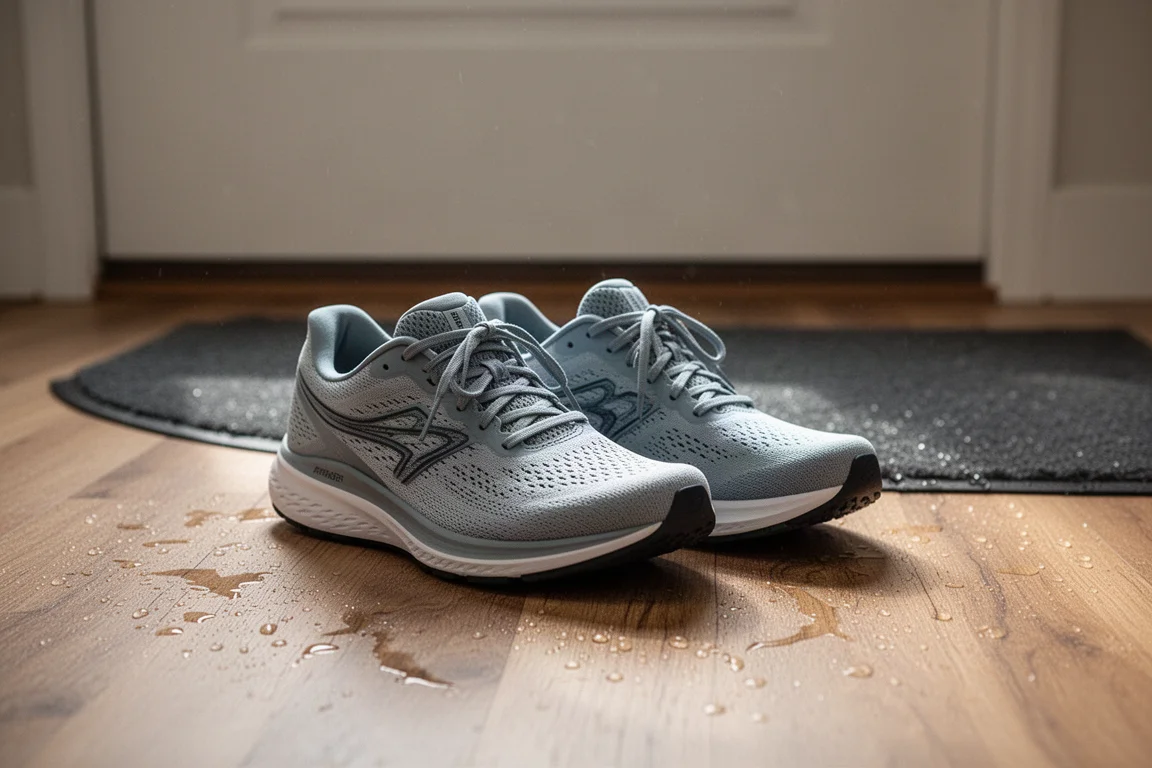 Runner picking up a pair of running shoes from an entryway floor in morning light