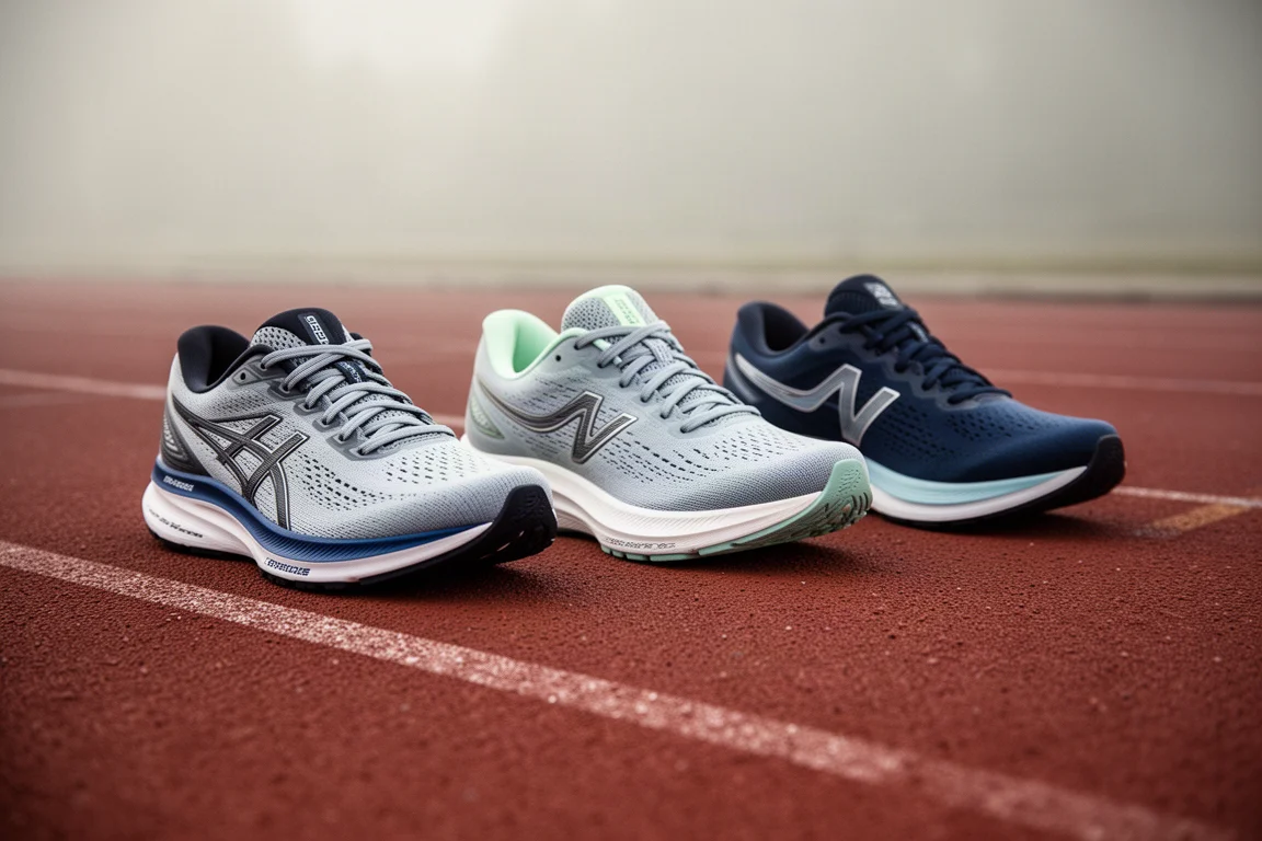 Three running shoes lined up side by side on a track surface for comparison