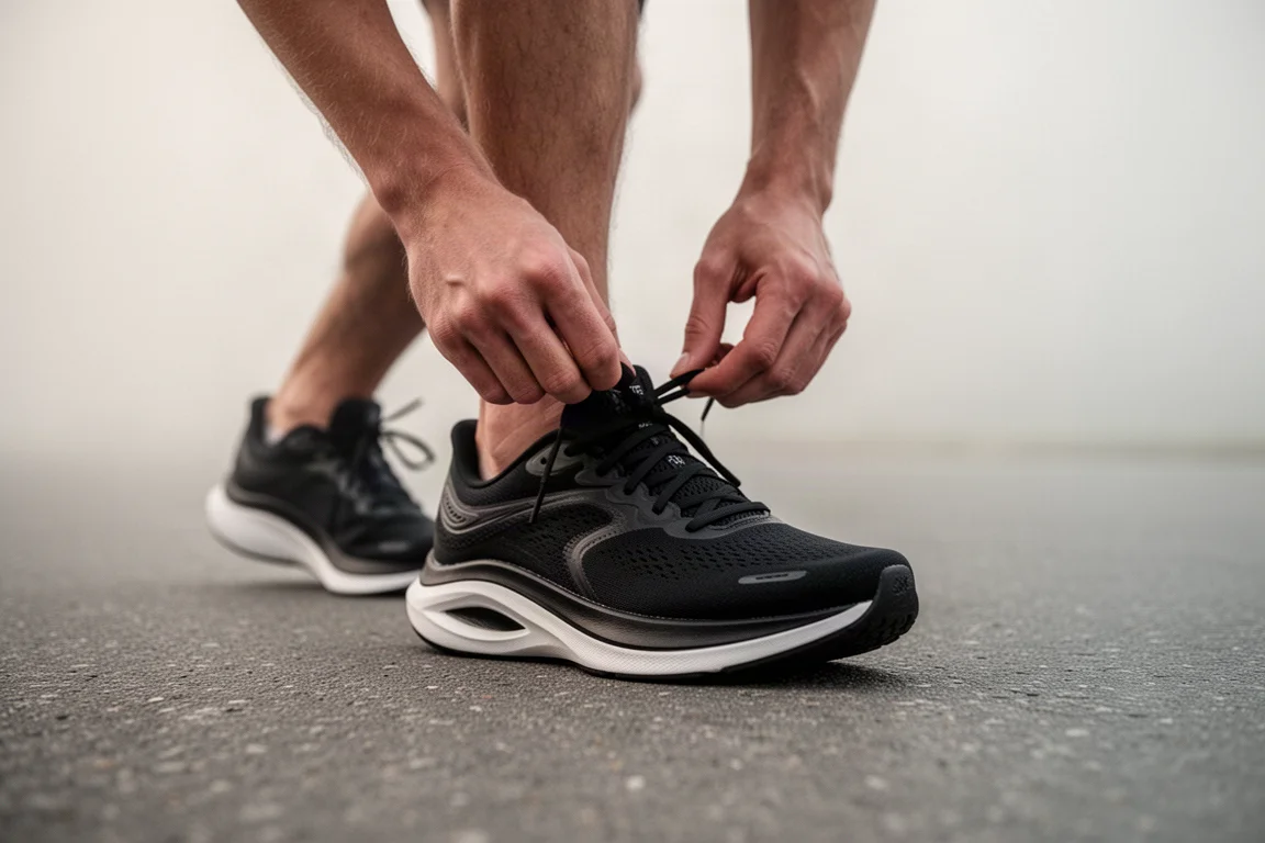 Runner lacing up a black running shoe on a sunlit road